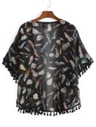 Shein Feather Print Fringe Chiffon Top