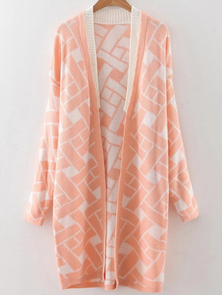 Shein Pink Geometric Pattern Drop Shoulder Cardigan
