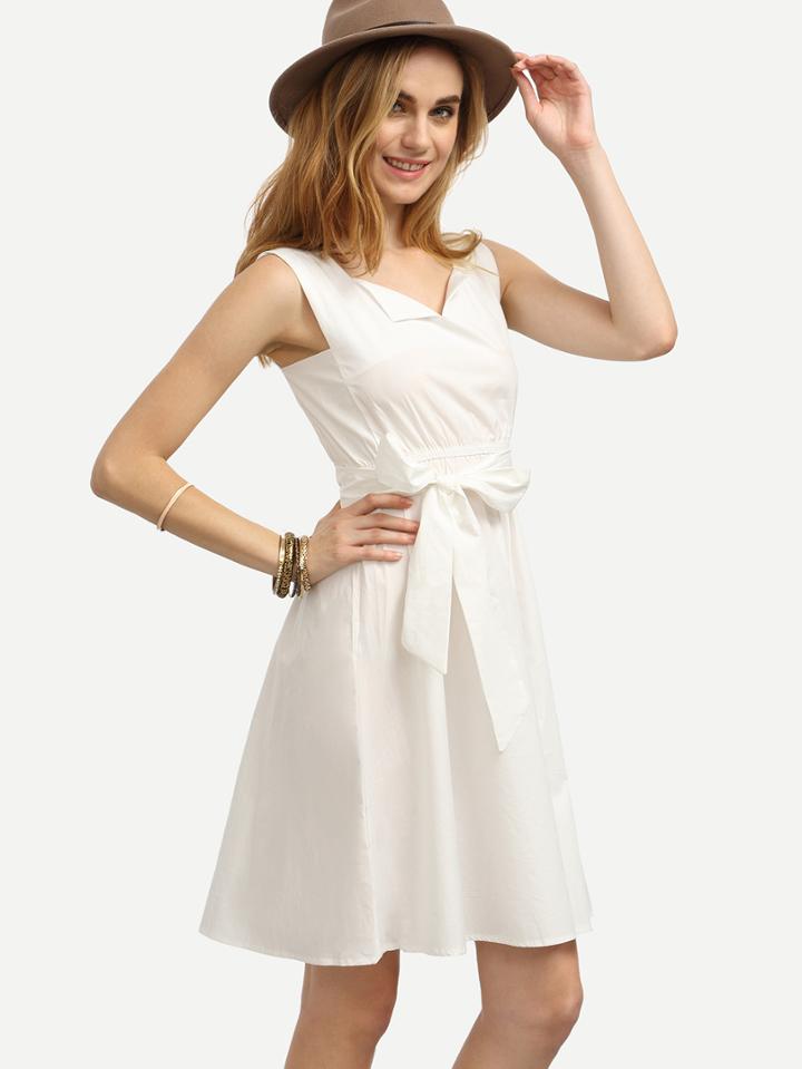 Shein White V Notch Self Tie Dress
