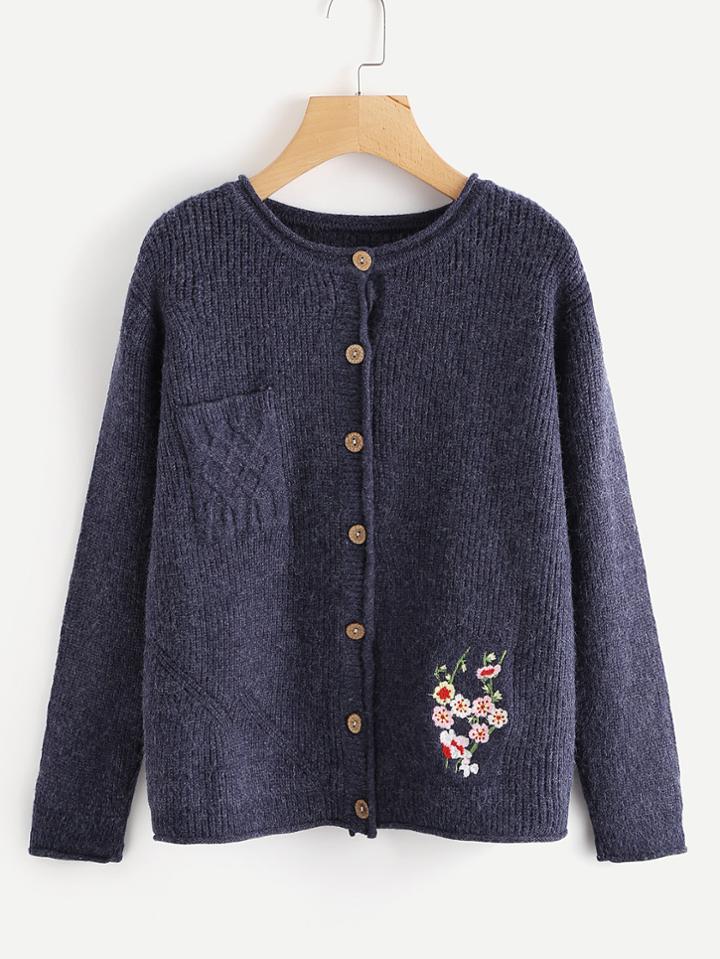 Shein Embroidered Detail Button Up Cardigan
