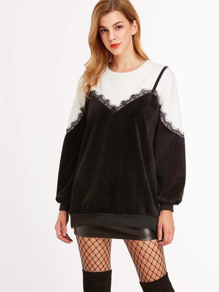 Shein Color Block Contrast Eyelash Lace Combo Sweatshirt
