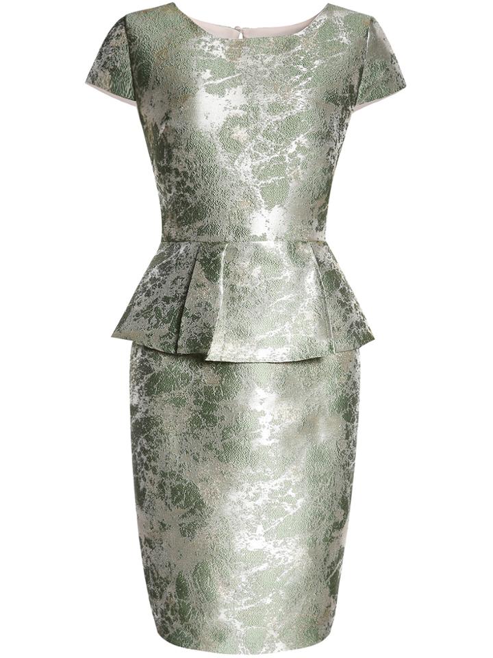 Shein Green Short Sleeve Peplum Jacquard Dress