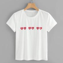 Shein Letter And Heart Print Tee