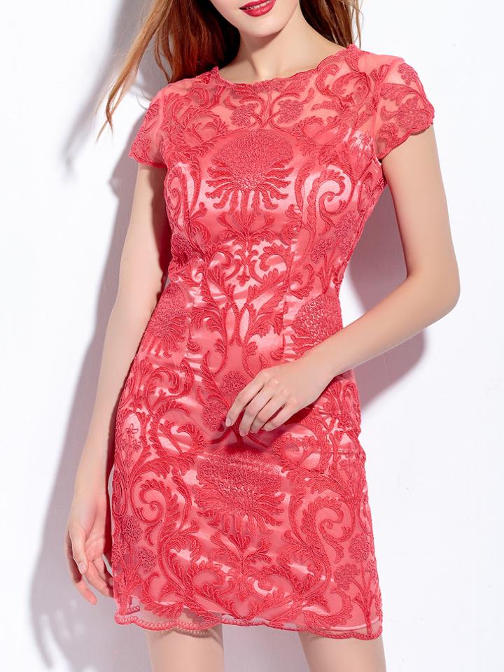 Shein Red Disc Flowers Gauze Sheath Dress