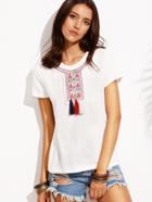 Shein White Embroidery Tassel Front T-shirt