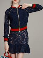 Shein Navy Zipper Jacket Top With Lace Skirt