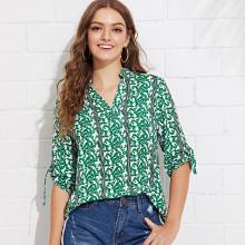 Shein Roll Tab Sleeve Leaf Print Striped Blouse