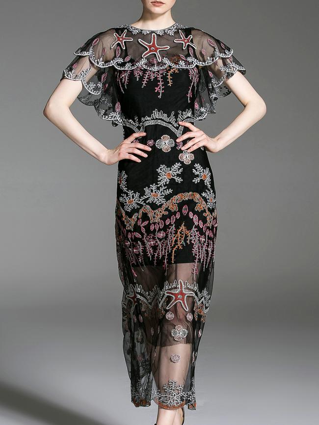 Shein Black Ruffle Embroidered A-line Dress