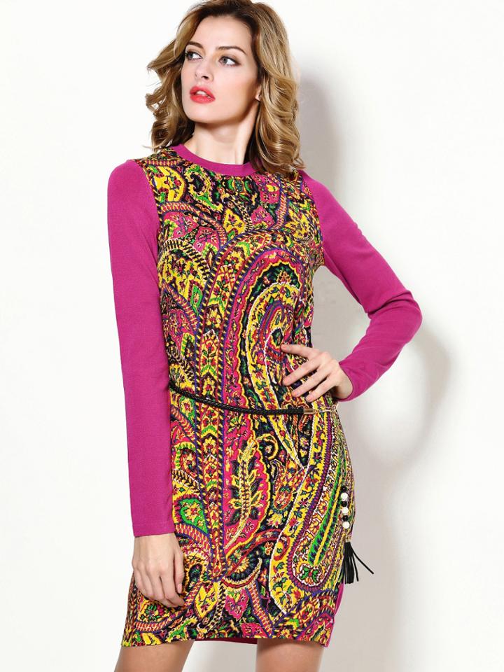 Shein Purple Round Neck Long Sleeve Knit Print Tie-waist Dress