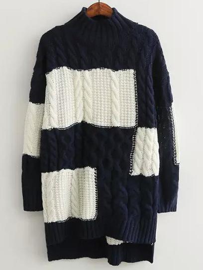 Shein Navy White High Neck Cable-knit Loose Sweater