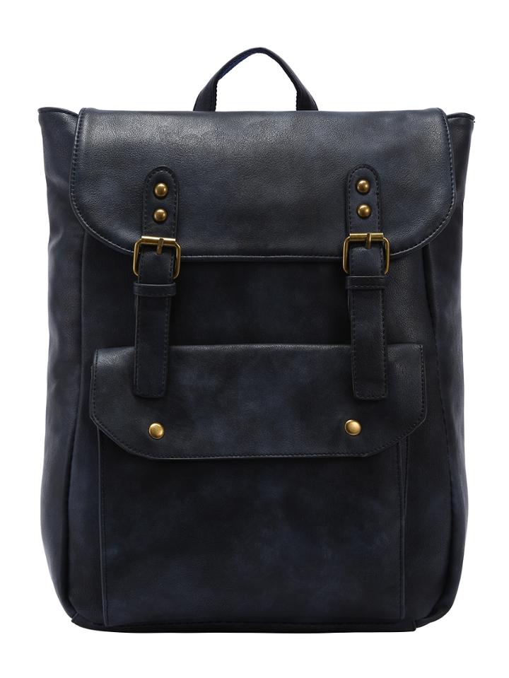 Shein Faux Leather Double Buckle Strap Backpack - Navy
