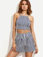 Shein Blue White Backless Knotted Top With Vertical Striped Shorts