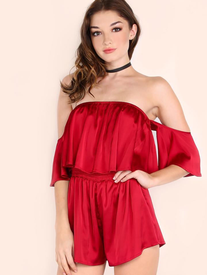 Shein Burgundy Off The Shoulder Ruffle Romper