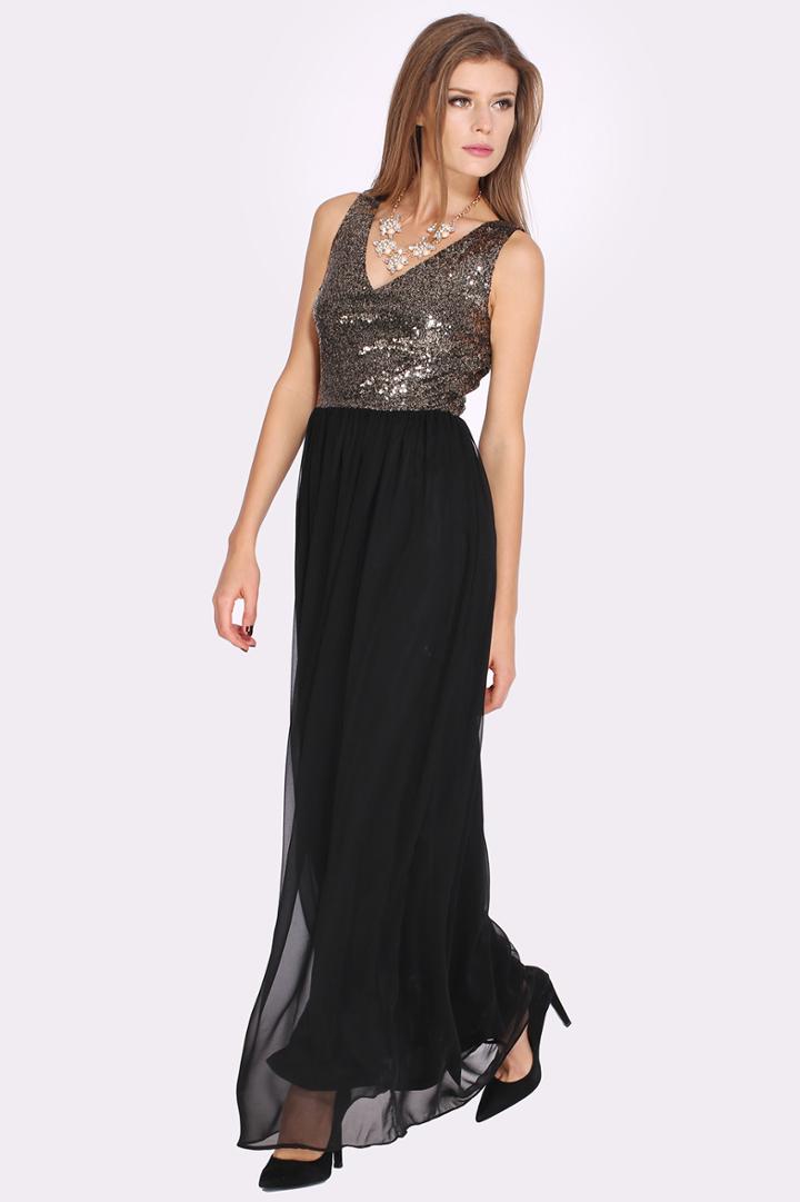 Shein Black V Neck Sleeveless Sequined Maxi Dress