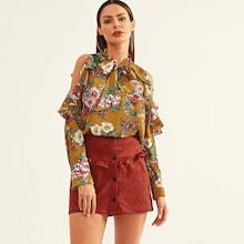 Shein Open Shoulder Flounce Trim Floral Top