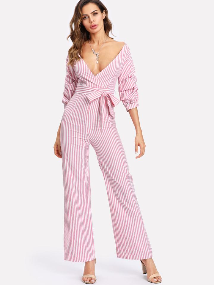Shein Gathered Sleeve Surplice Wrap Striped Jumpsuit