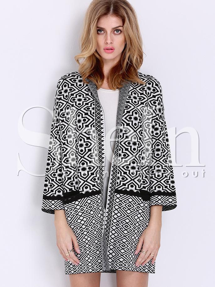 Shein Black White Long Sleeve Geometric Print Cardigan Sweater