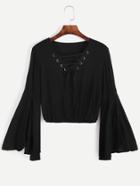 Shein Black Bell Sleeve Lace Up Blouse