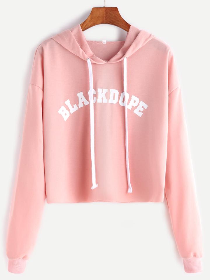 Shein Hooded Letter Print Raw Hem Dropped Shoulders Crop Sweatshirt