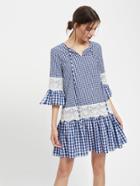 Shein Lace Detail Fluted Sleeve Mixed Gingham Dress