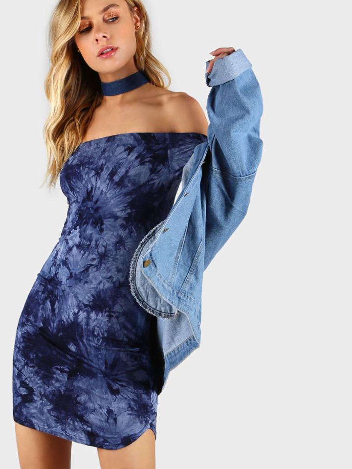 Shein Tie Dye Print Bardot Neck Dolphin Hem Dress