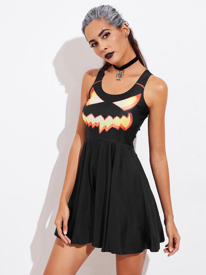 Shein Halloween Pumpkin Print Fit & Flare Dress