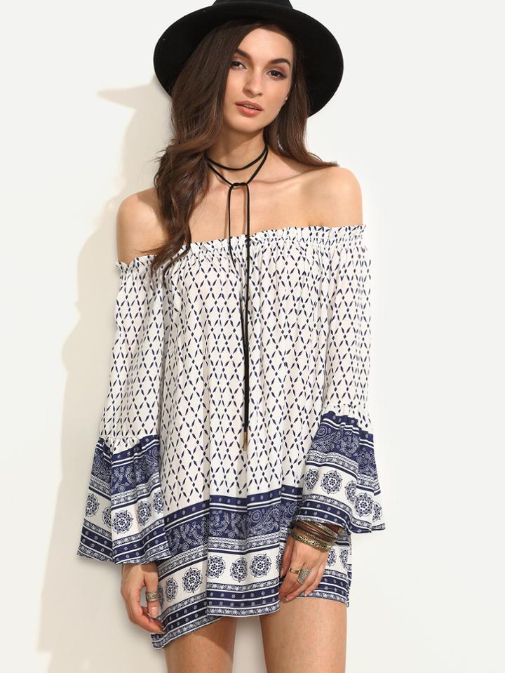 Shein Tribal Print Off The Shoulder Bell Sleeve Ruffle Dress