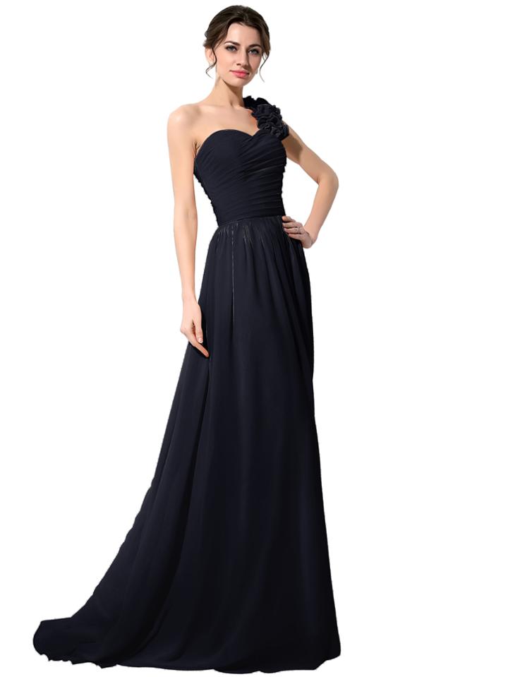 Shein Navy One Shoulder Flower Trim Maxi Chiffon Bridesmaid Dress