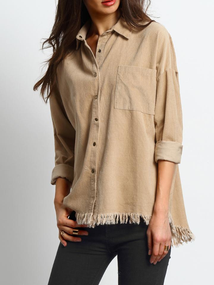 Shein Khaki Lapel Pocket Tassel Corduroy Blouse