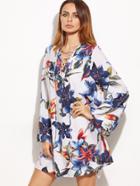 Shein Multicolor Flower Print Lace Up V Neck Tunic Dress