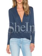 Shein Blue Long Sleeve Deep V Neck T-shirt