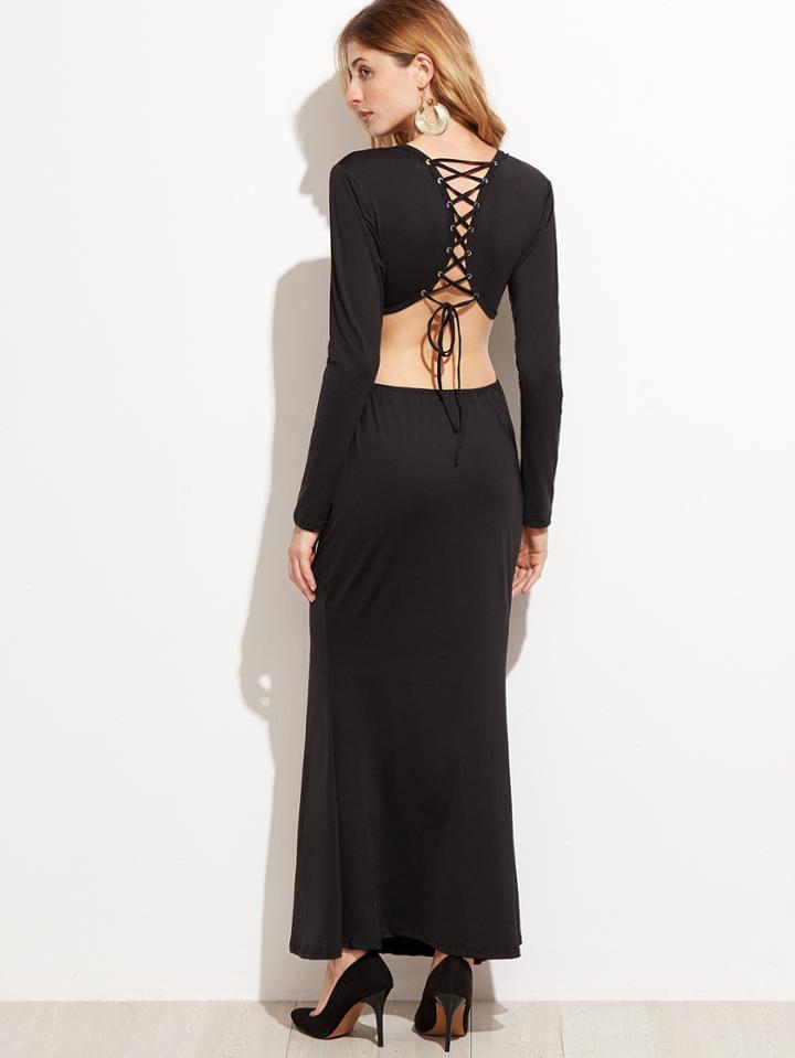 Shein Black Lace Up Open Back Dress