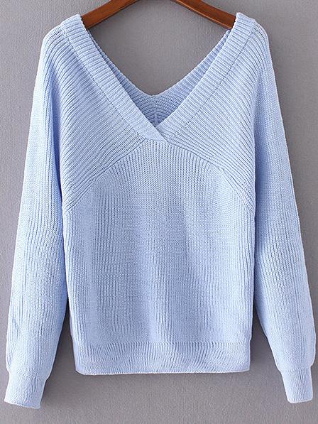 Shein Blue Double V Neck Loose Sweater