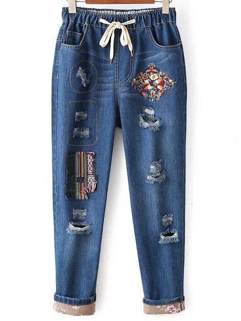 Shein Blue Tribal Embroided Ripped Drawstring Waist Jeans