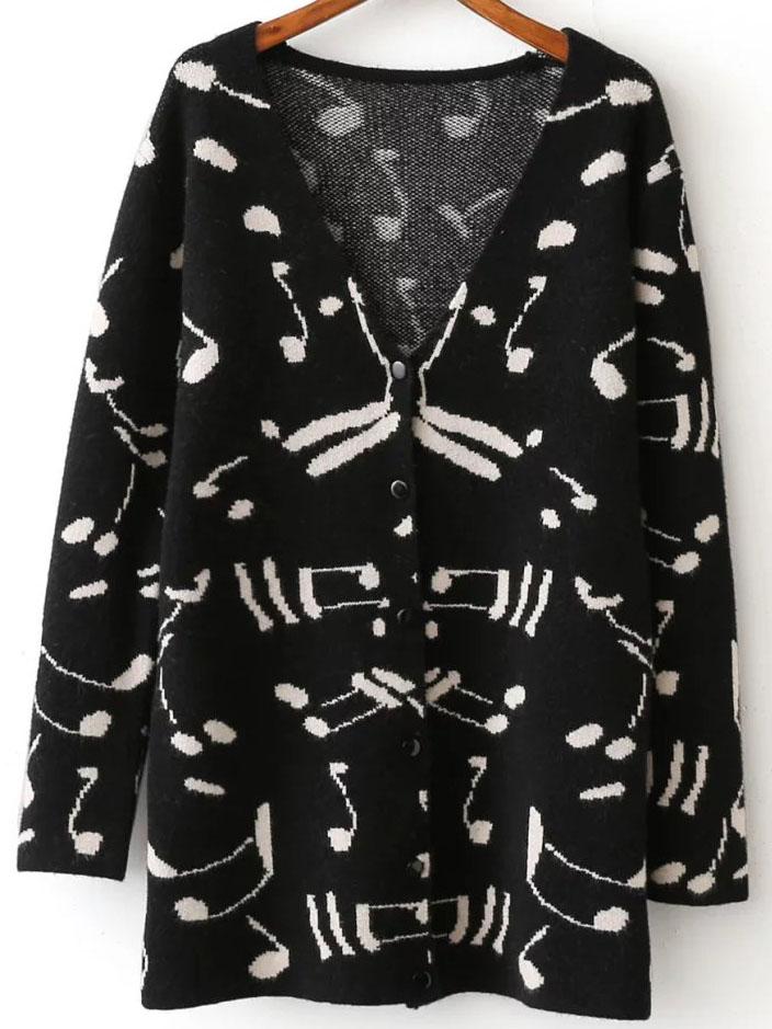 Shein Black Musical Note Pattern Button Up Cardigan