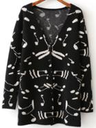 Shein Black Musical Note Pattern Button Up Cardigan