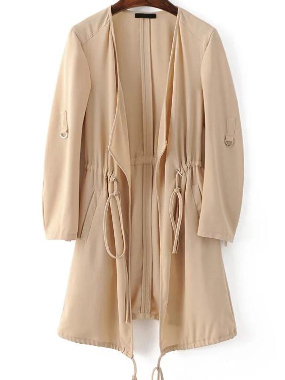Shein Apricot Draped Collar Drawstring Chiffon Coat