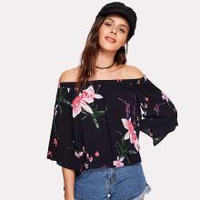 Shein Flower Print Split Back Off Shoulder Top