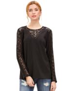 Shein Black Lace Trim Long Sleeve Blouse