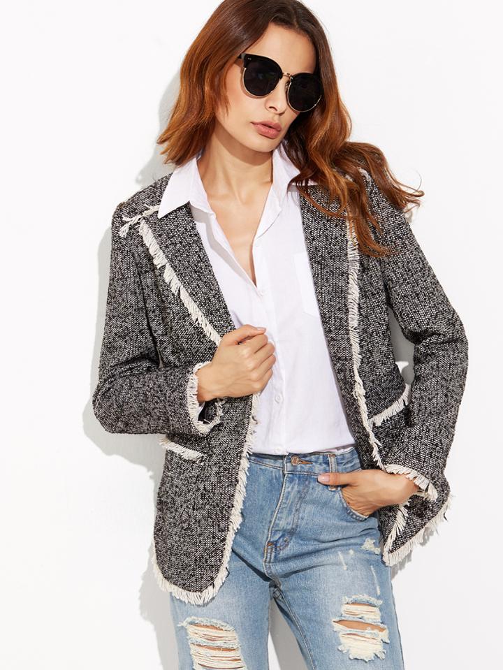 Shein Black And White Tweed Blazer With Contrast Fringe Trim
