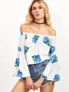 Shein White Florals Off The Shoulder Bell Sleeve Blouse