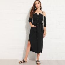Shein Cold Shoulder Button Up Dress With Belt