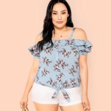 Shein Plus Open Shoulder Button Up Knot Hem Blouse