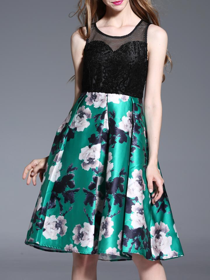 Shein Black Print A-line Combo Dress