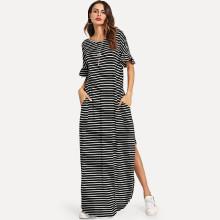 Shein Flounce Sleeve Pocket Side Slit Curved Hem Striped Dress