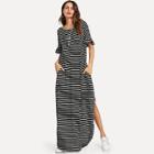 Shein Flounce Sleeve Pocket Side Slit Curved Hem Striped Dress