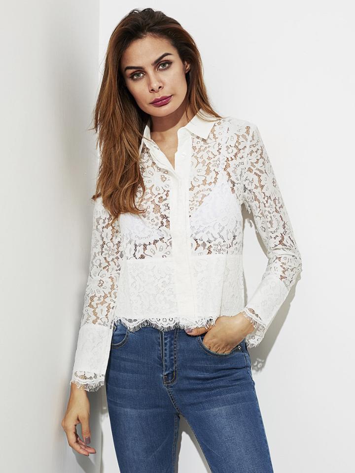 Shein Scallop Trim Floral Eyelash Lace Shirt