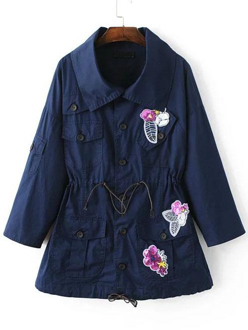 Shein Navy Drop Shoulder Patch Drawstring Coat With Buttons