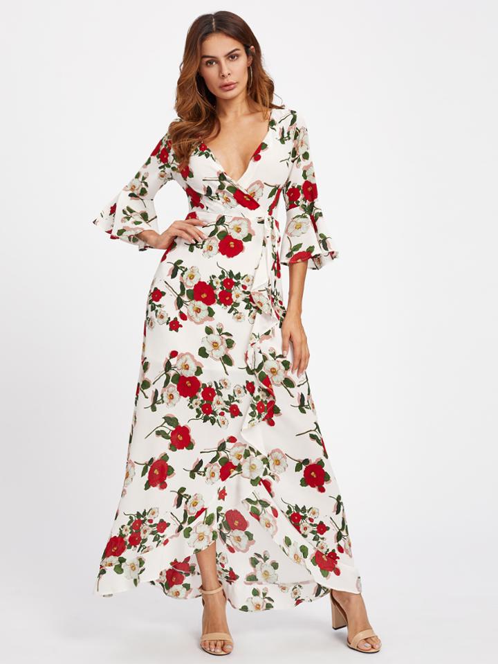 Shein Fluted Sleeve Surplice Wrap Botanical Dress