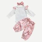 Shein Toddler Girls Solid Top & Floral Print Pants & Headband